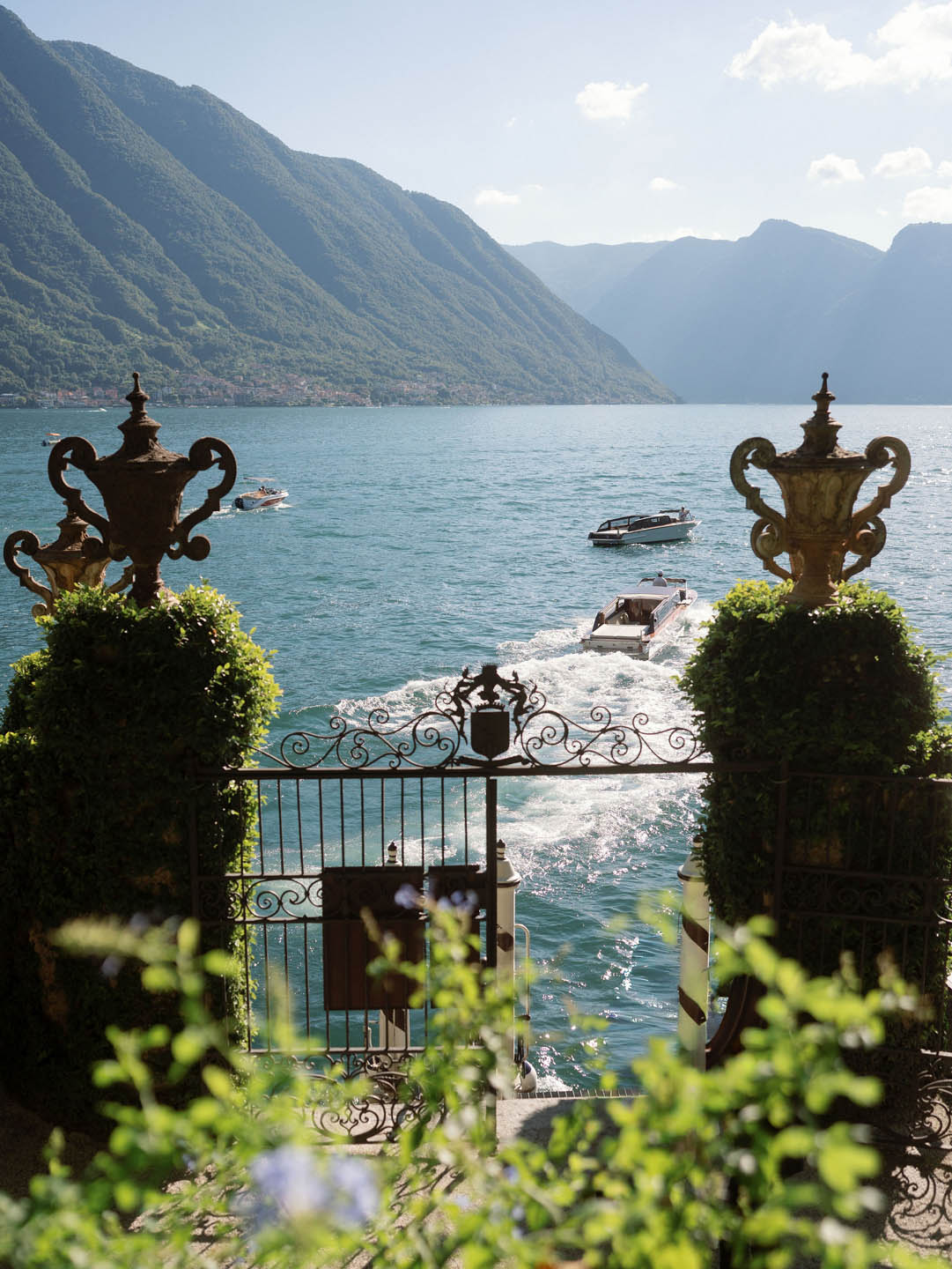 Couple dining at a lakeside restaurant reached by private boat